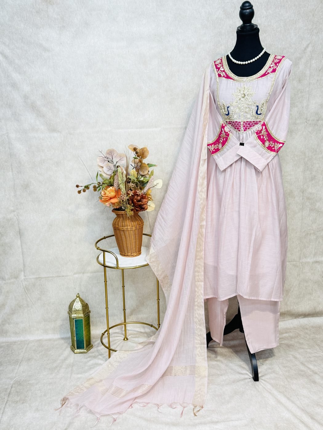 Blush pink Banarasi Mul Chanderi Suit with Hand Embroidery